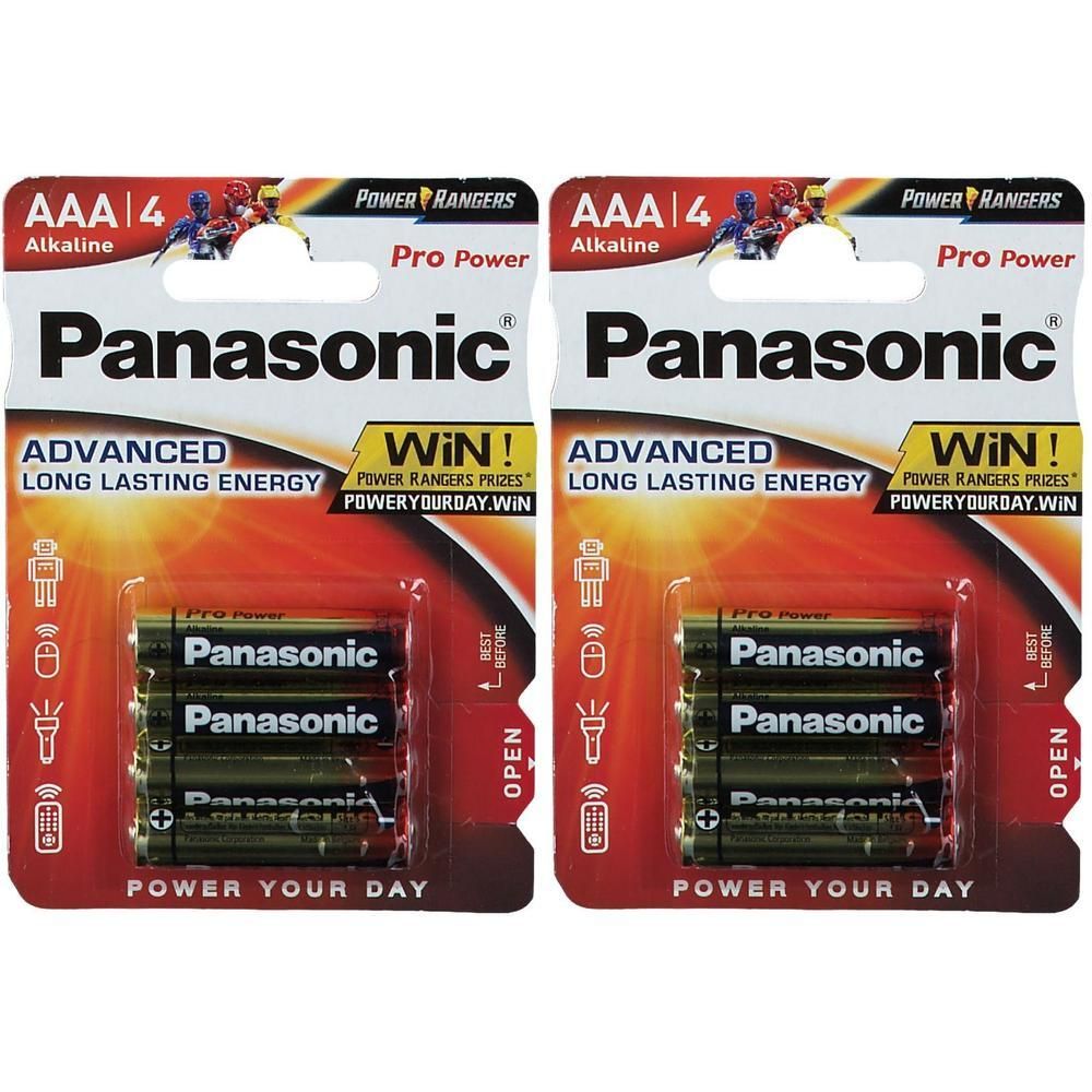 Panasonic AAA Alkaline batterijen, 4 stuks in dubbelpak. "Pro Power" en "Advanced Long Lasting Energy".