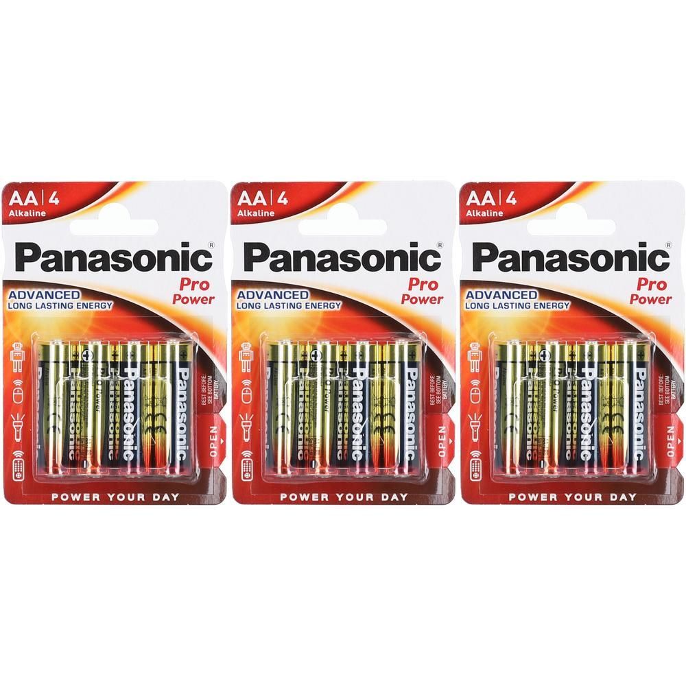 Drie pakken Panasonic Pro Power AA batterijen, 4 batterijen per pak.
