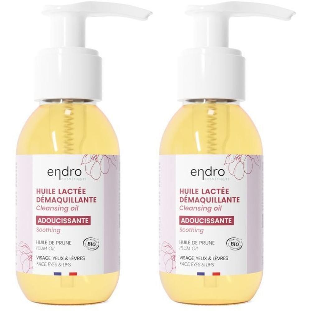 Twee flessen Endro verzachtende reinigingsolie met pompdispenser. Voor gezicht, ogen & lippen.