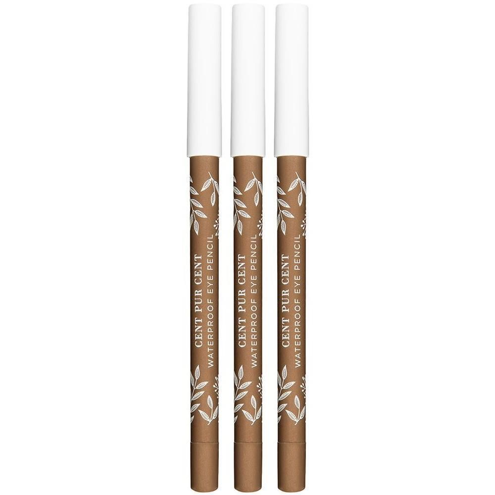 Drie bruine waterproof oogpotloden met witte dop en bladerpatroon.