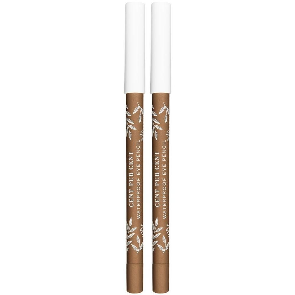 Deux crayons yeux waterproof marron avec capuchon blanc et motif feuilles.