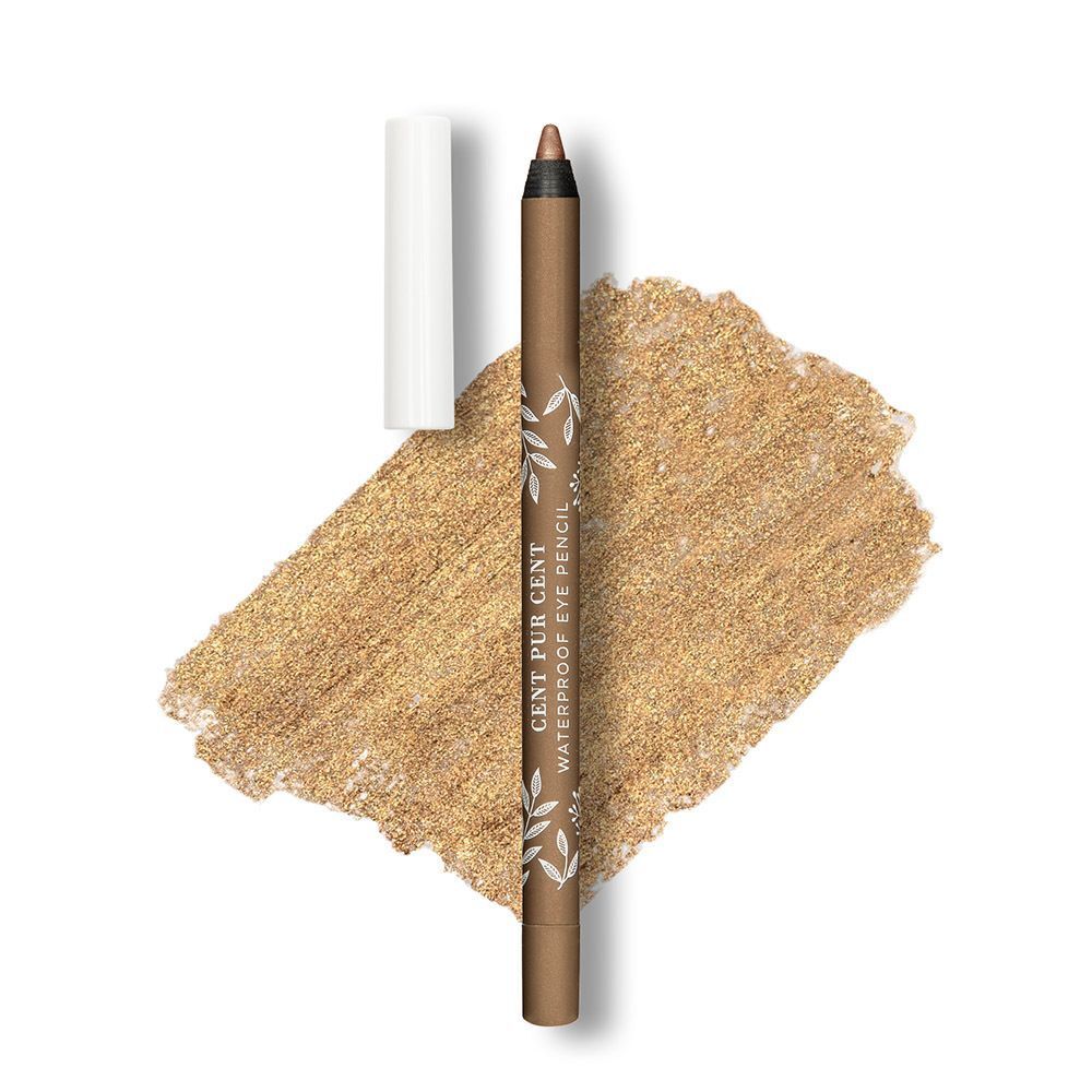 Un crayon yeux waterproof marron avec capuchon blanc, à côté d'un échantillon de fard à paupières doré.