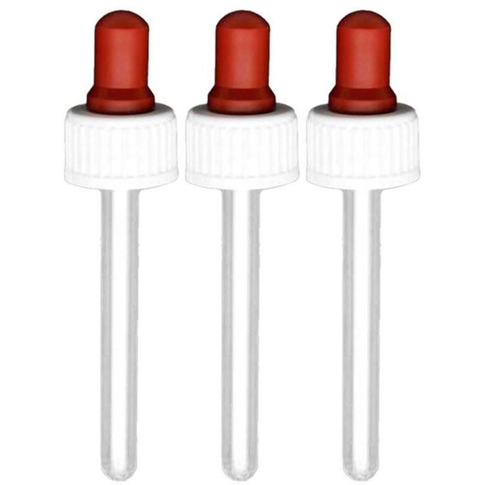Drie druppelaars met rode rubberen dop en witte schroefdop.