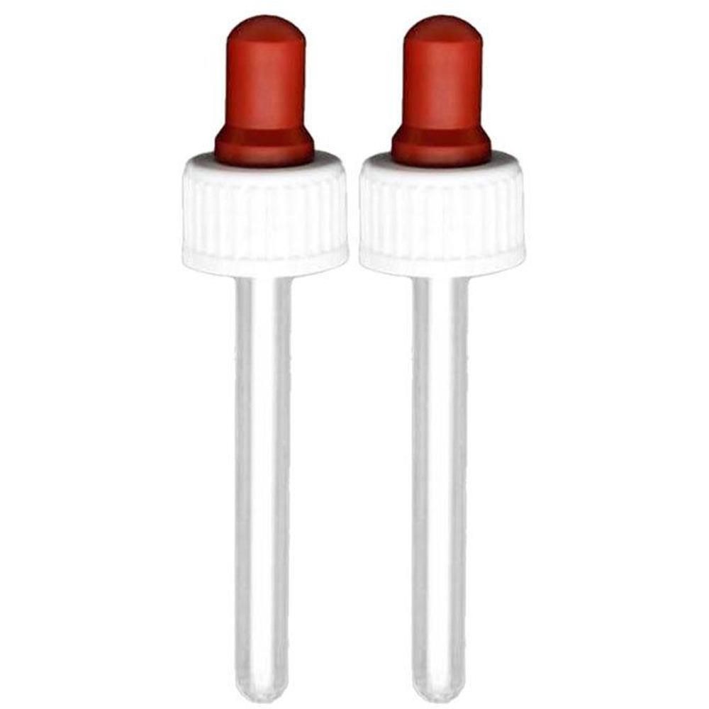 Twee druppelflesjes met rode rubberen dop en witte schroefdop.