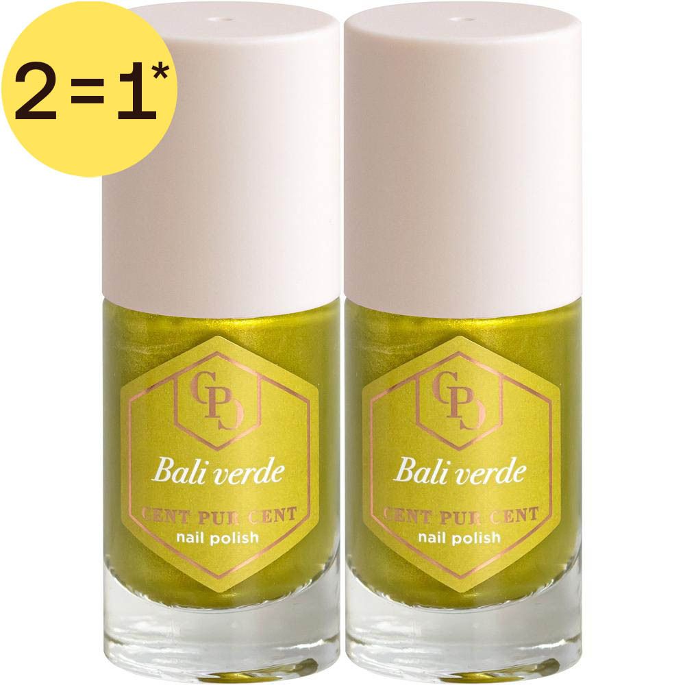 Twee flesjes Cent Pur Cent Bali Verde nagellak in glanzend geelgroen.