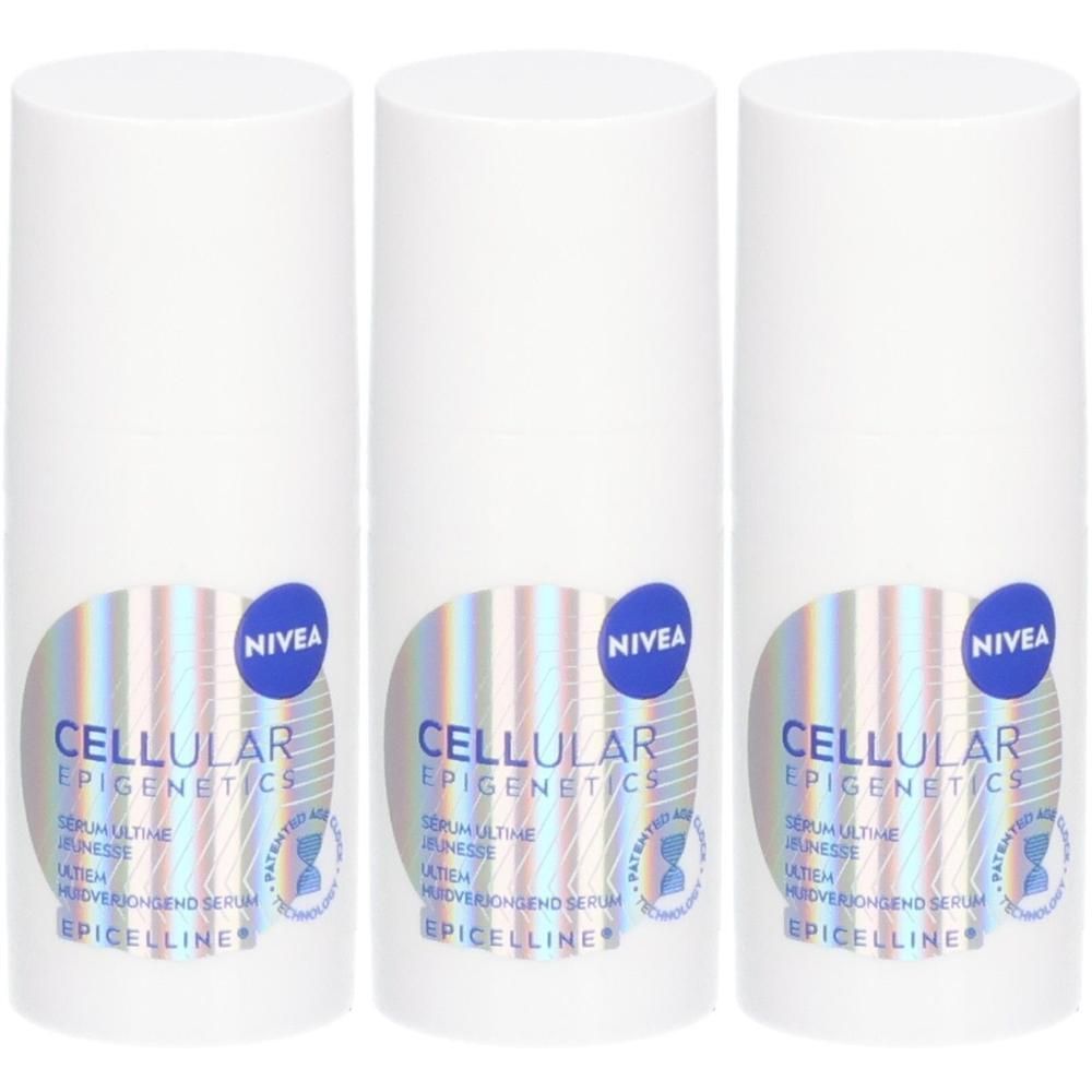 Trois flacons blancs de Nivea Cellular Epigenetics Serum Ultime Jeunesse avec étiquette holographique.