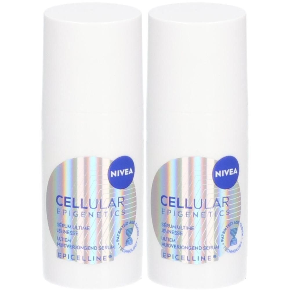 Deux flacons blancs Nivea Cellular Epigenetics Serum avec étiquettes.