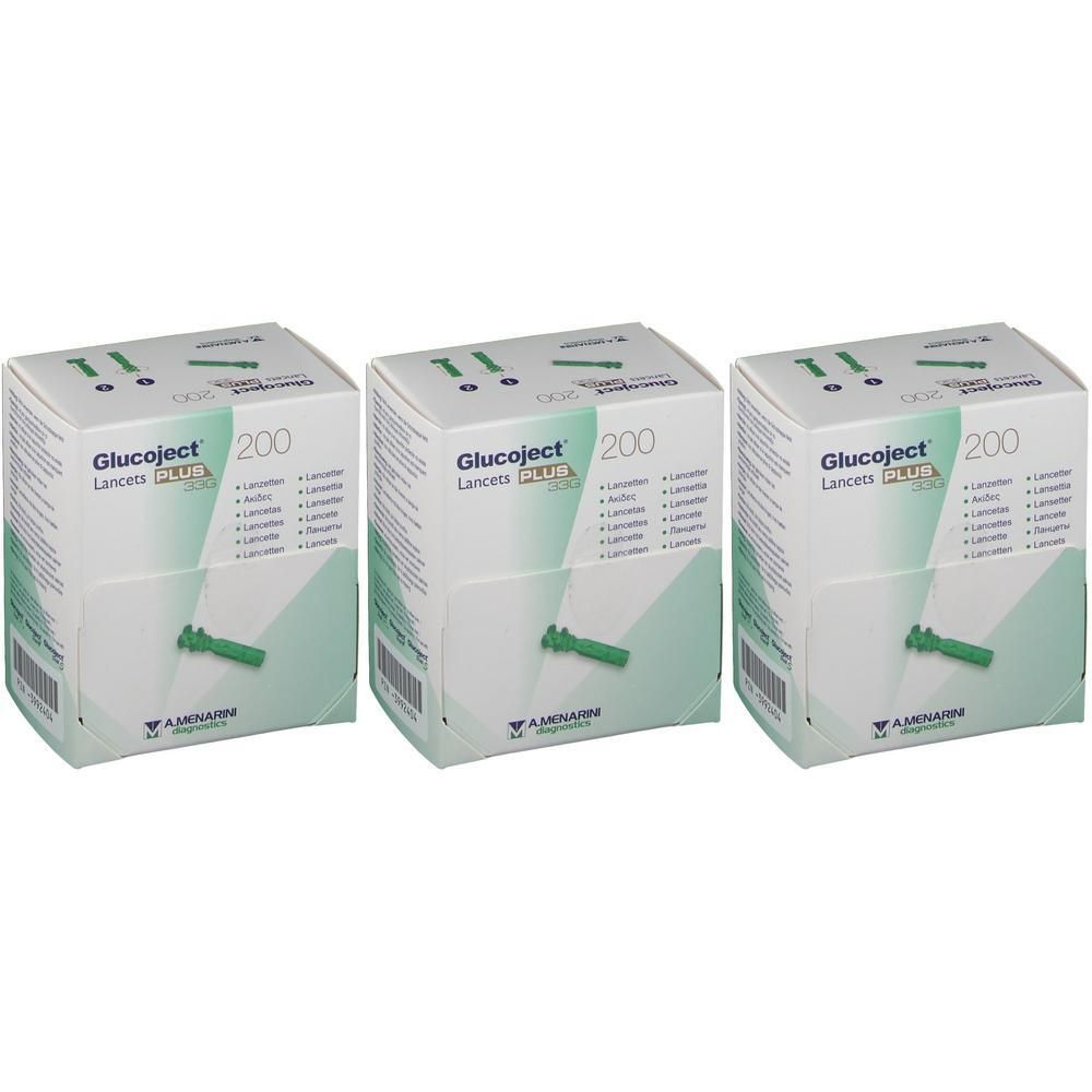Trois boîtes de lancettes Glucoject Plus 200. Pointes de lancettes vertes visibles.