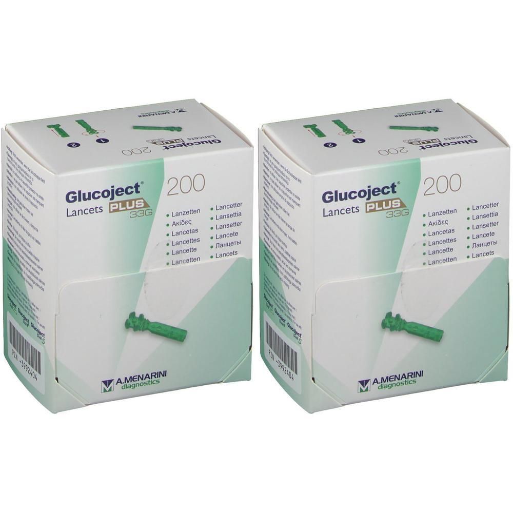 Deux boîtes de lancettes Glucoject Plus, 200 unités par boîte.