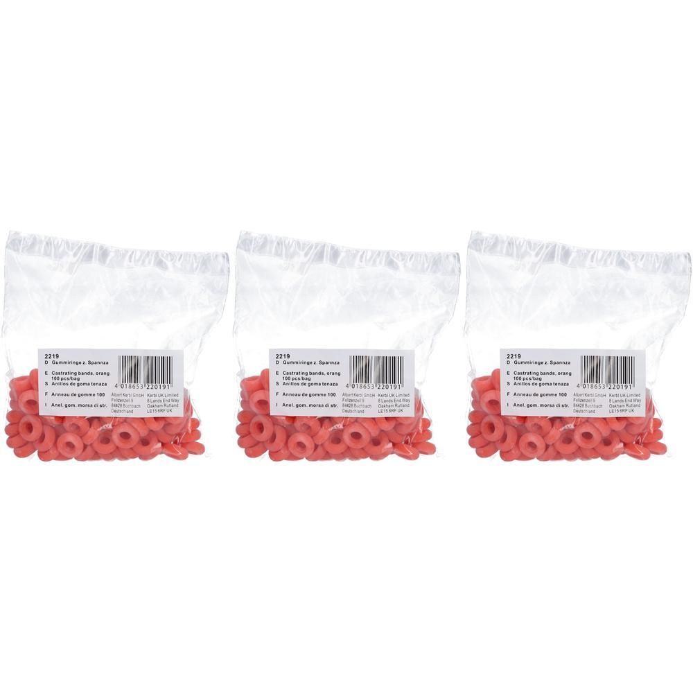 Trois sachets d'anneaux en caoutchouc rouges.