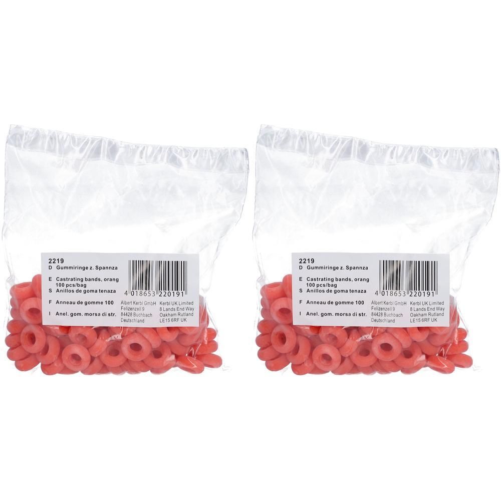 Deux sachets contenant 100 anneaux en caoutchouc rouge pour castration chacun.