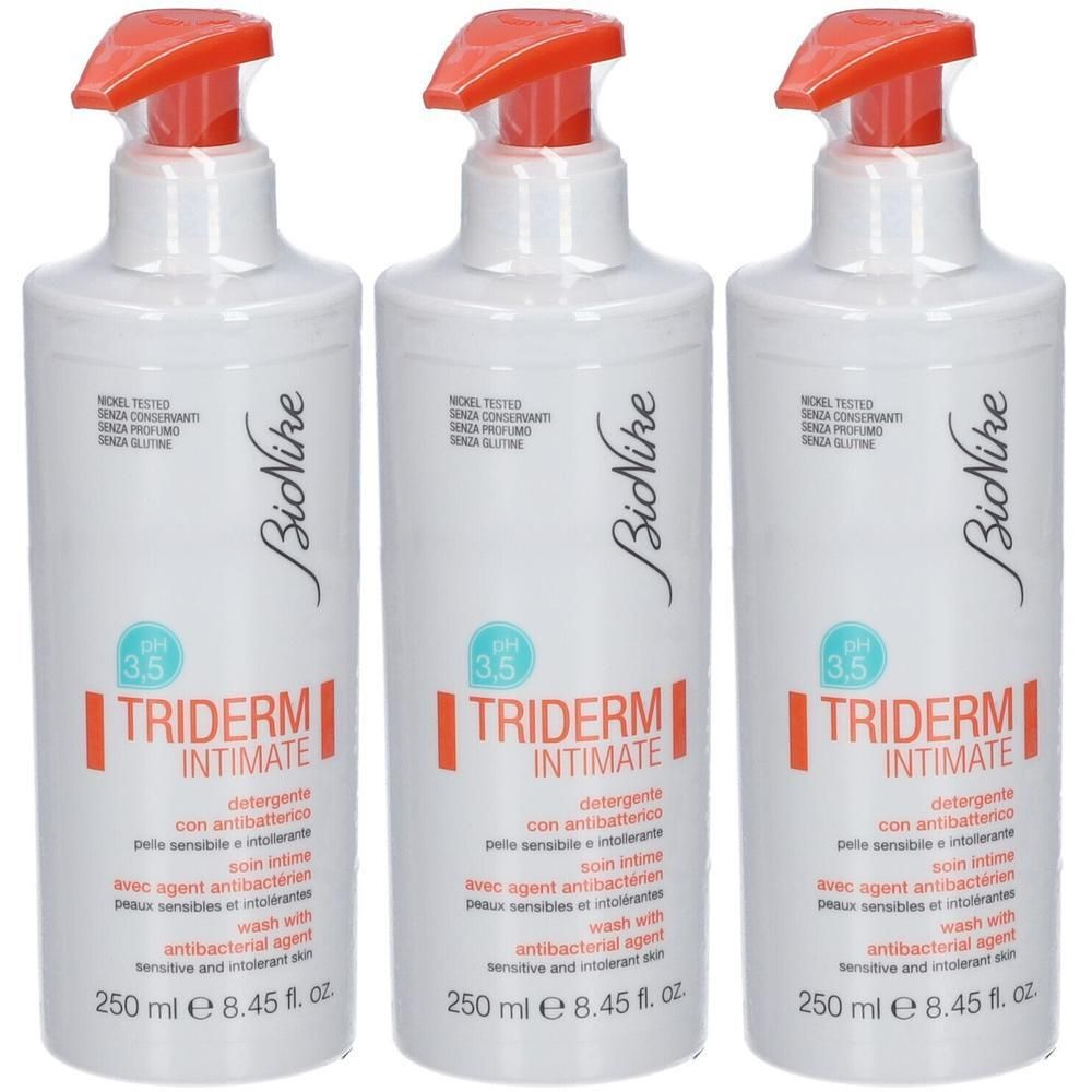 Trois flacons de BioNike Triderm Intimate Wash avec agent antibactérien, pH 3,5.