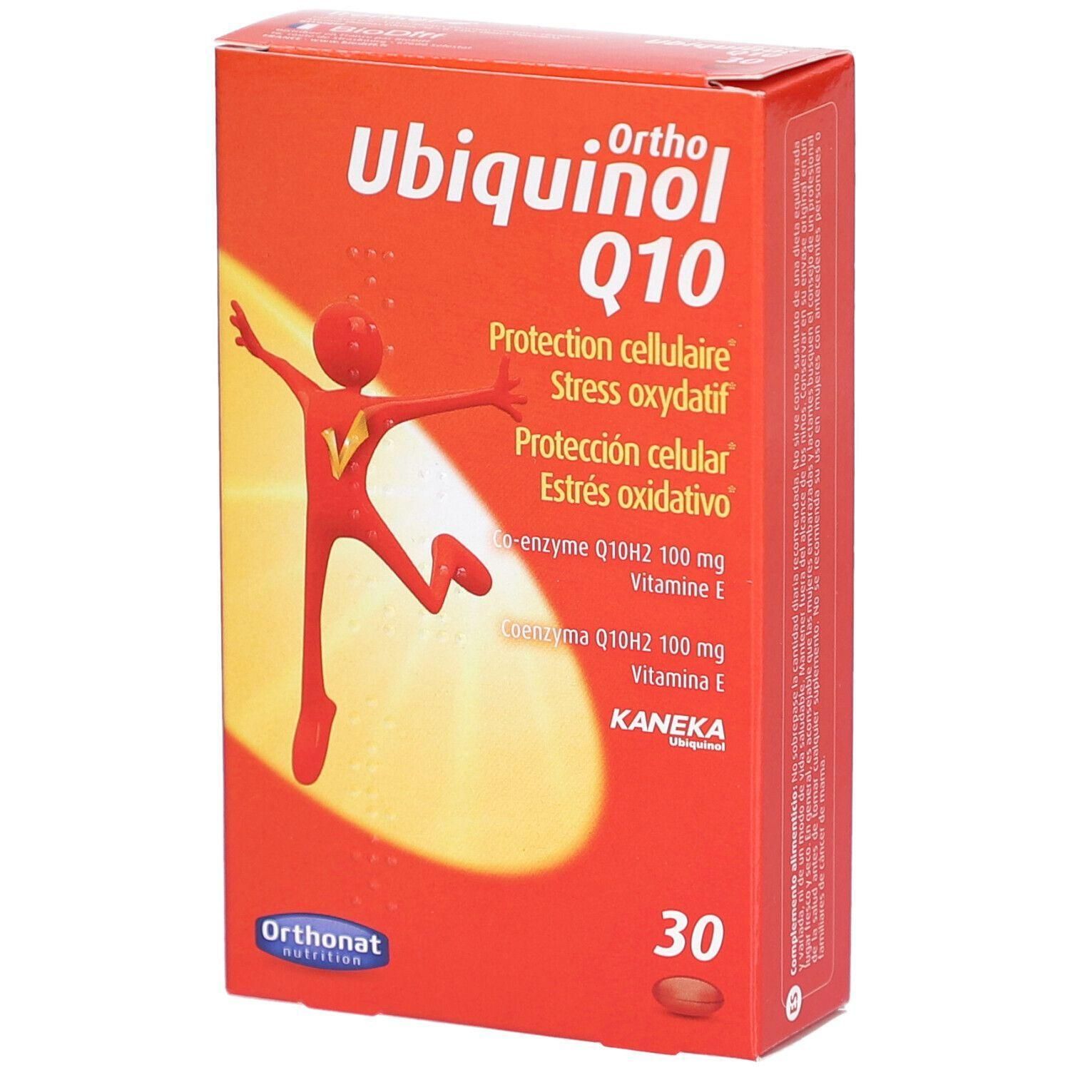 Boîte Ortho Ubiquinol Q10 de 30 capsules. Montre une figurine rouge et des informations sur le produit.
