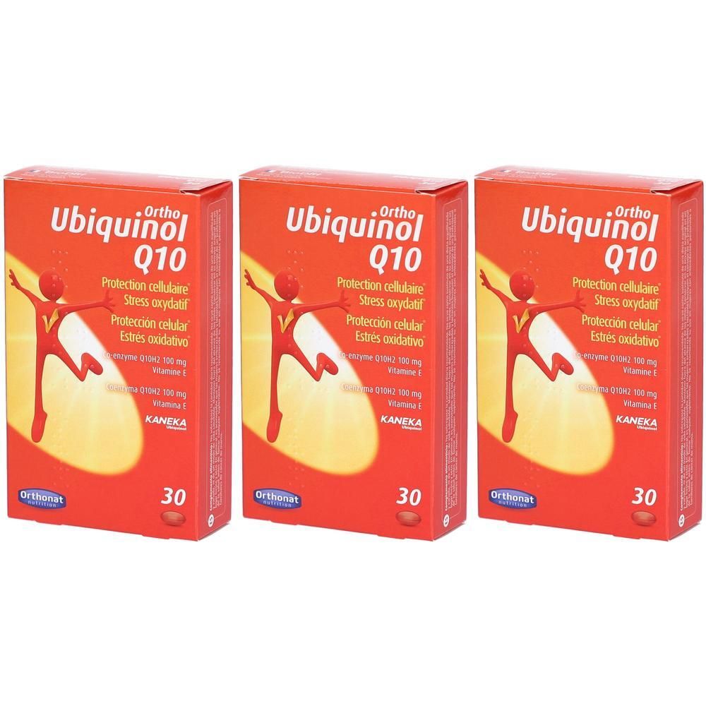 Drie pakken Ortho Ubiquinol Q10 met elk 30 capsules. Rode dozen met gestileerde figuur en gele gloed.
