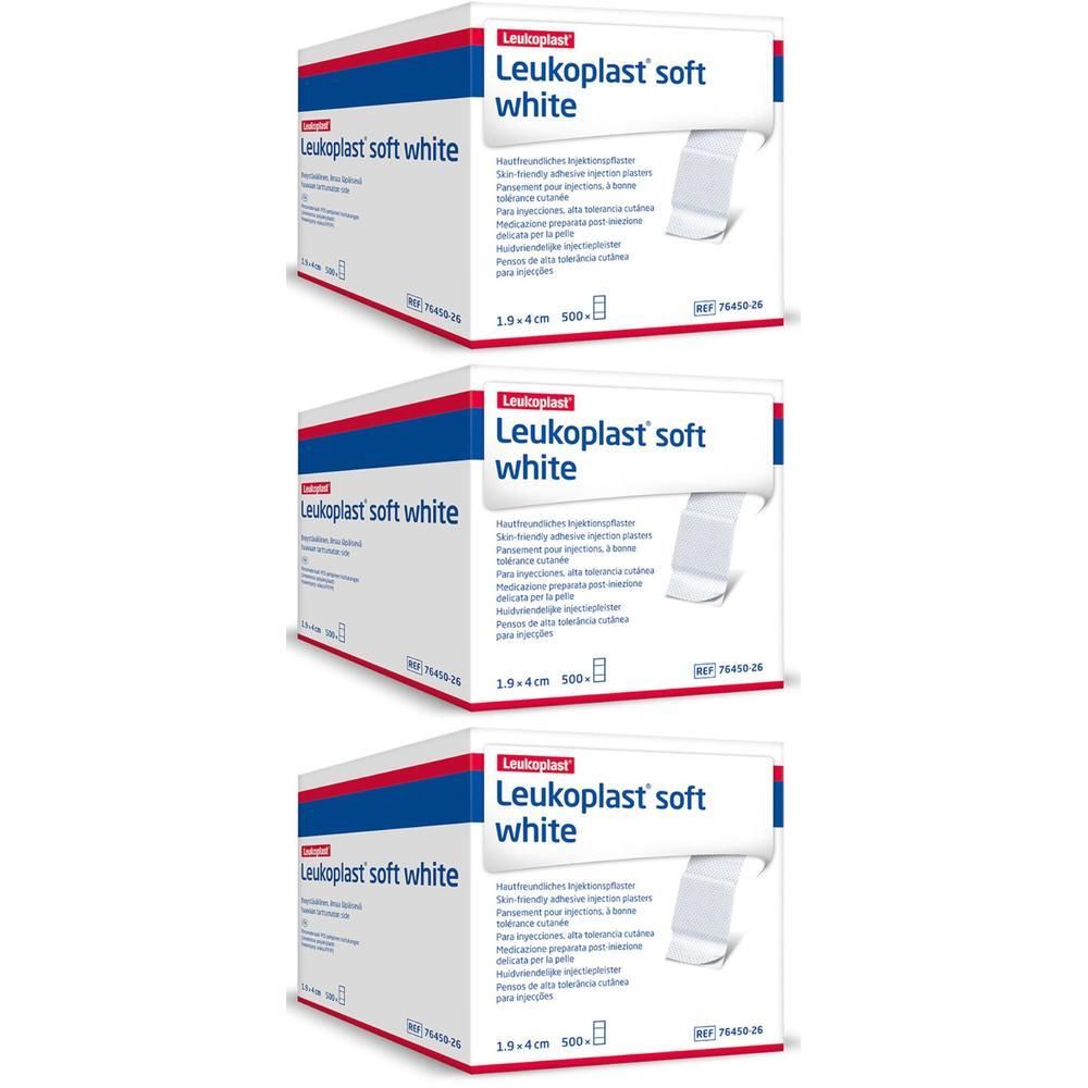 Trois paquets de pansements Leukoplast® Soft White, 1,9 cm x 4 cm.