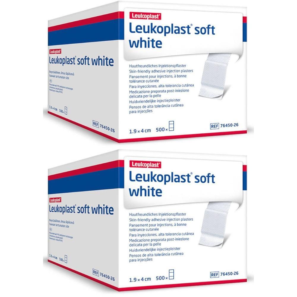 Twee pakken Leukoplast® Soft White injectiepleisters, 1.9x4cm, 500 stuks.