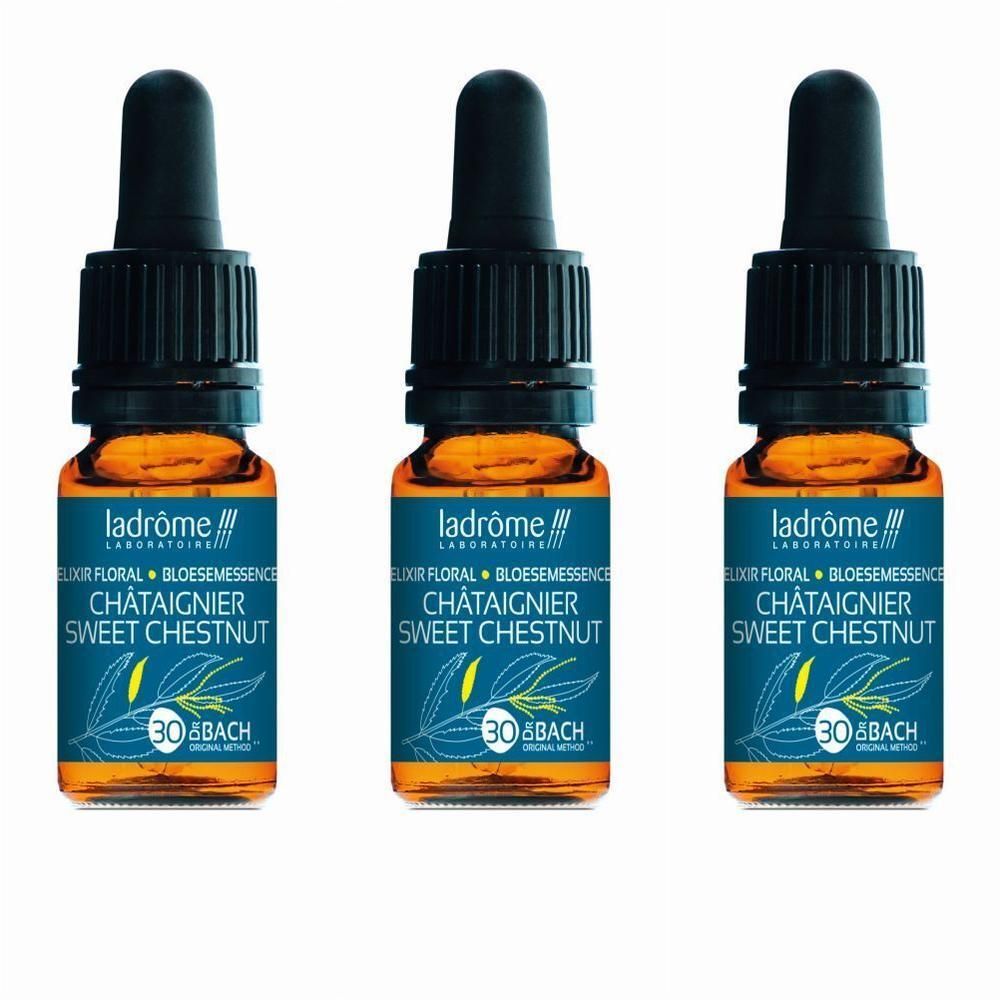 Drie flesjes Ladrôme Châtaignier Sweet Chestnut Elixir met druppeldop.