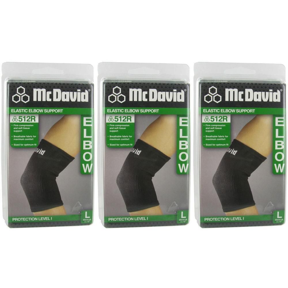 Drie McDavid 512R elastische elleboogbraces in zwart, maat L, in verpakking.
