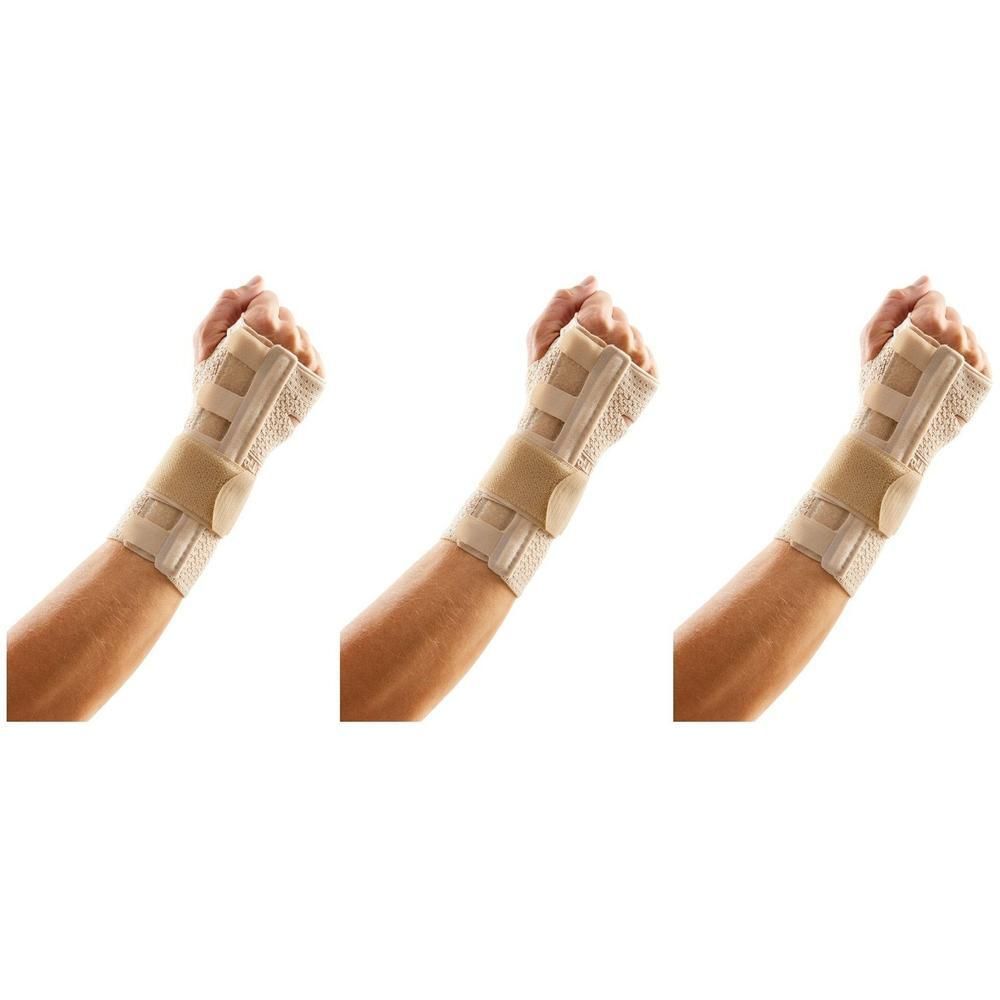 Trois supports de poignet en tissu beige avec attaches velcro, portés sur trois bras.