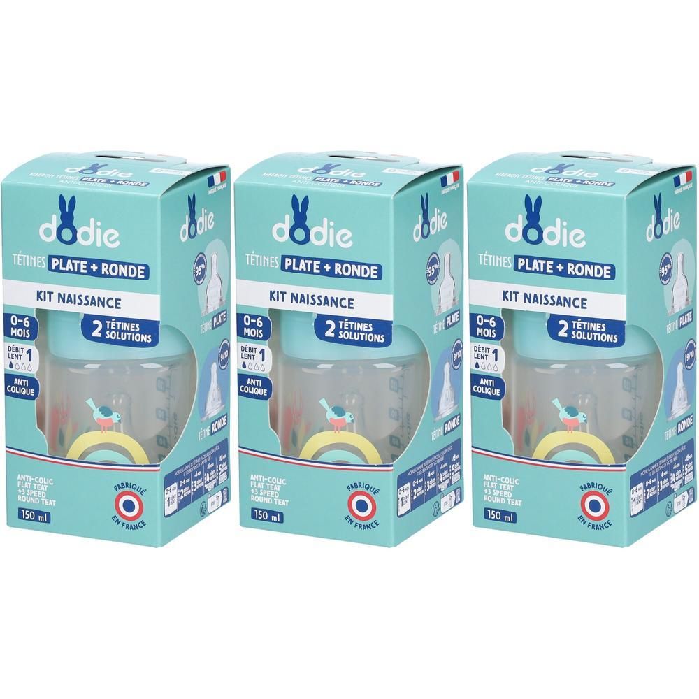Drie dodie® Anti-Colic Geboortesetjes, 150 ml, met platte, ronde speen.
