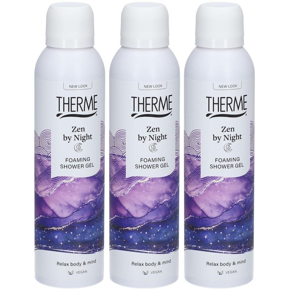 Trois flacons de gel douche moussant Therme Zen by Night.