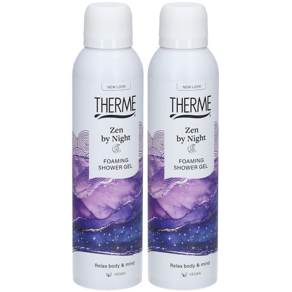 Twee flessen douchegel "Therme Zen by Night" met een paars-blauw abstract patroon.