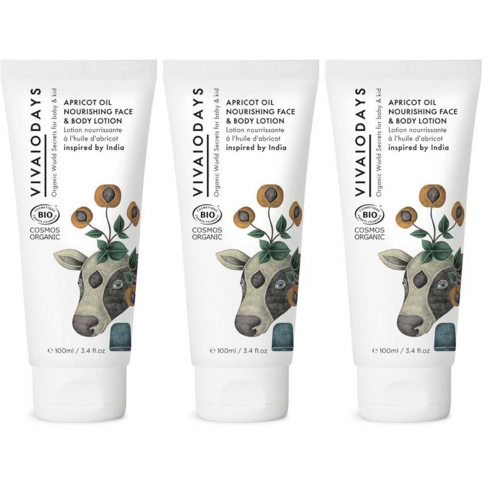 Trois tubes de lotion VIVAIODAYS à l'huile d'abricot avec illustration de vache et de fleurs. 100ml.