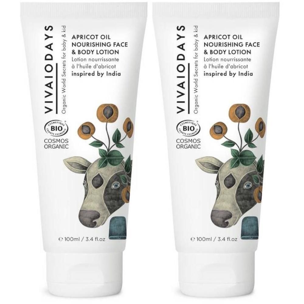Deux tubes de lotion VIVAIODAYS à l'huile d'abricot avec motif vache et abricot. 100ml.