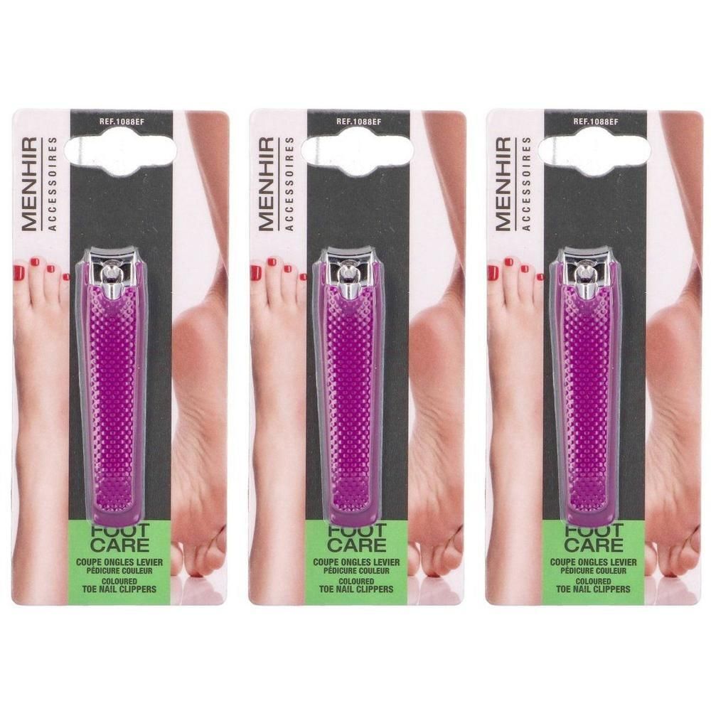 Coupe-ongles d'orteil violet à motif de préhension, emballé avec image de pied.