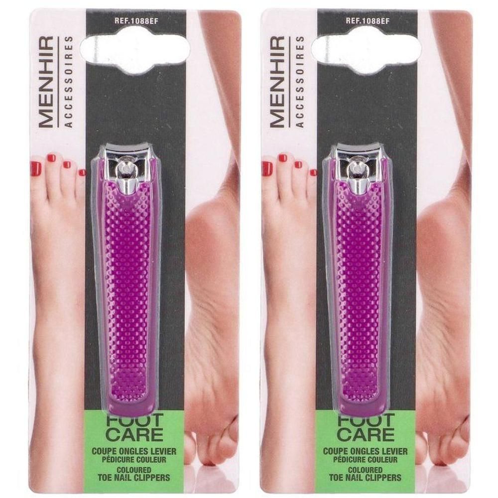 Deux paires de coupe-ongles d'orteils violets avec manche moleté, emballés.