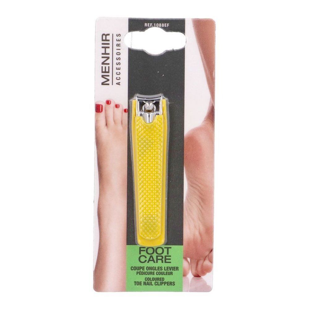 Un coupe-ongles d'orteils jaune avec manche moleté, emballé.