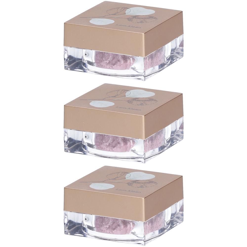 Drie kleine potjes met los minerale oogschaduw in roze.