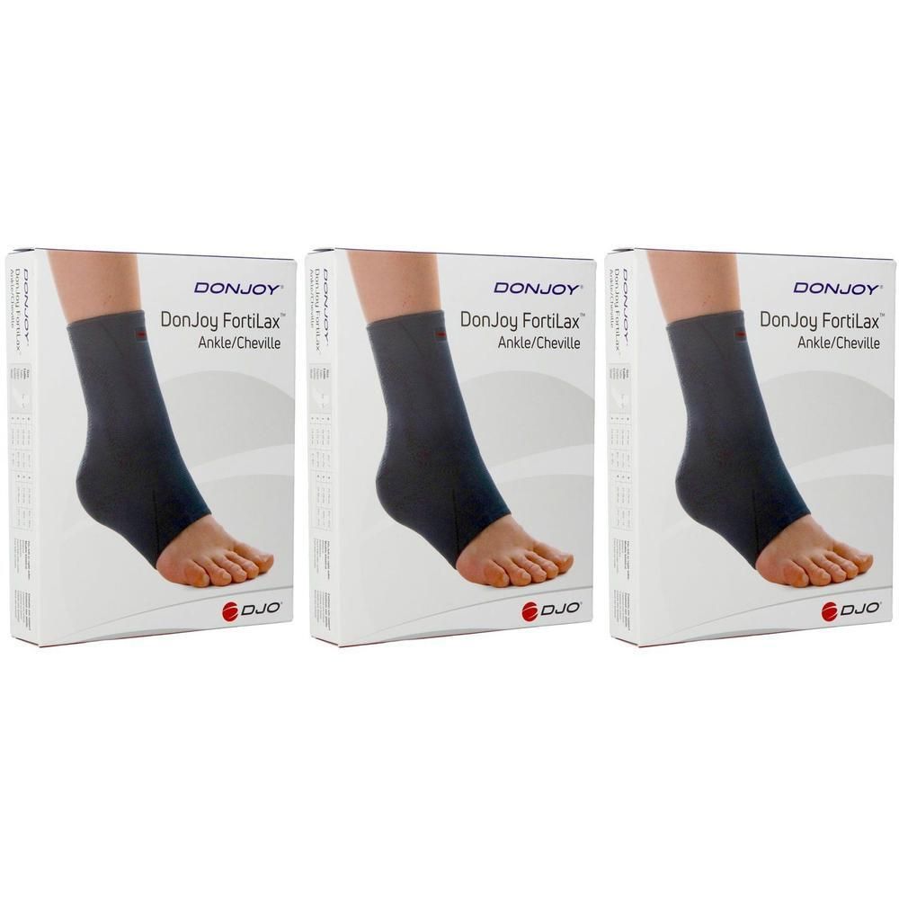 Drie verpakkingen DonJoy FortiLax enkelbrace, donkerblauw.