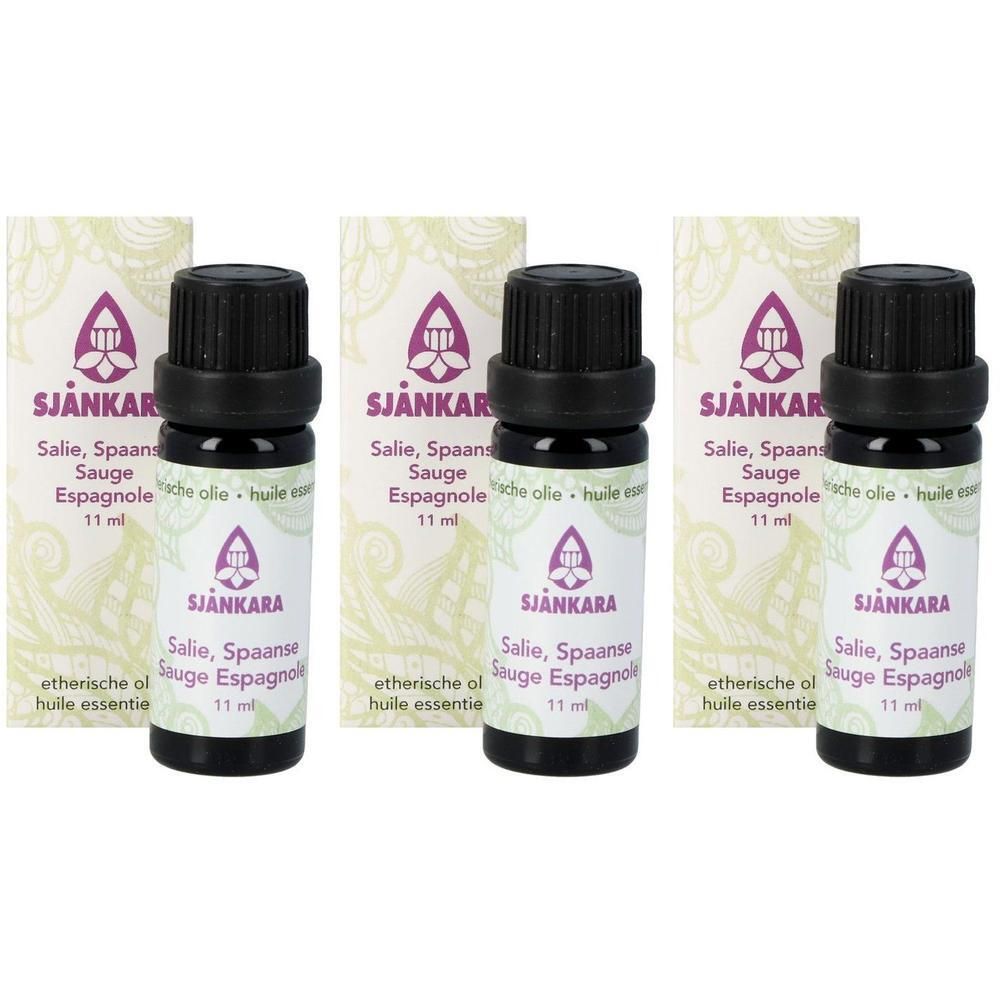 Trois flacons d'huile essentielle de sauge, 11 ml, avec étiquettes et emballages.
