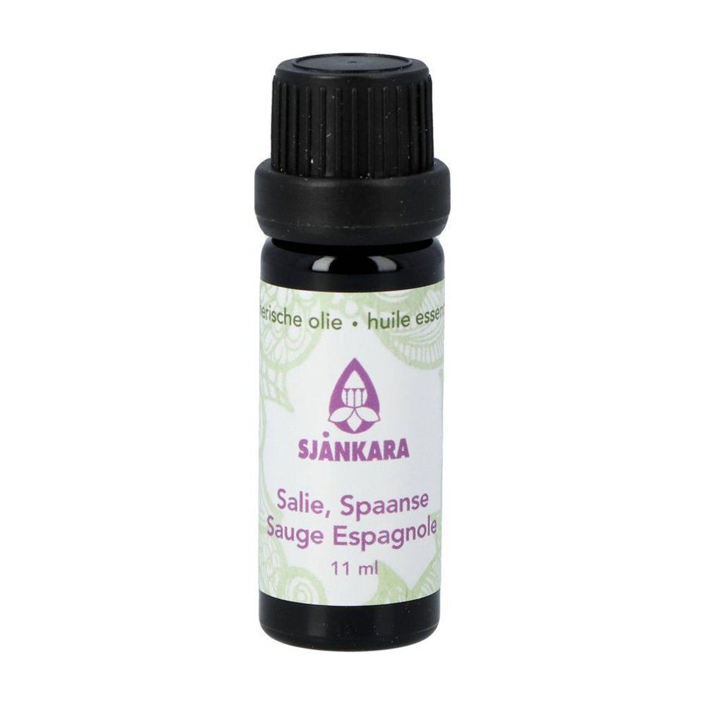 Un flacon d'huile essentielle de sauge, 11 ml, avec étiquette et emballage.