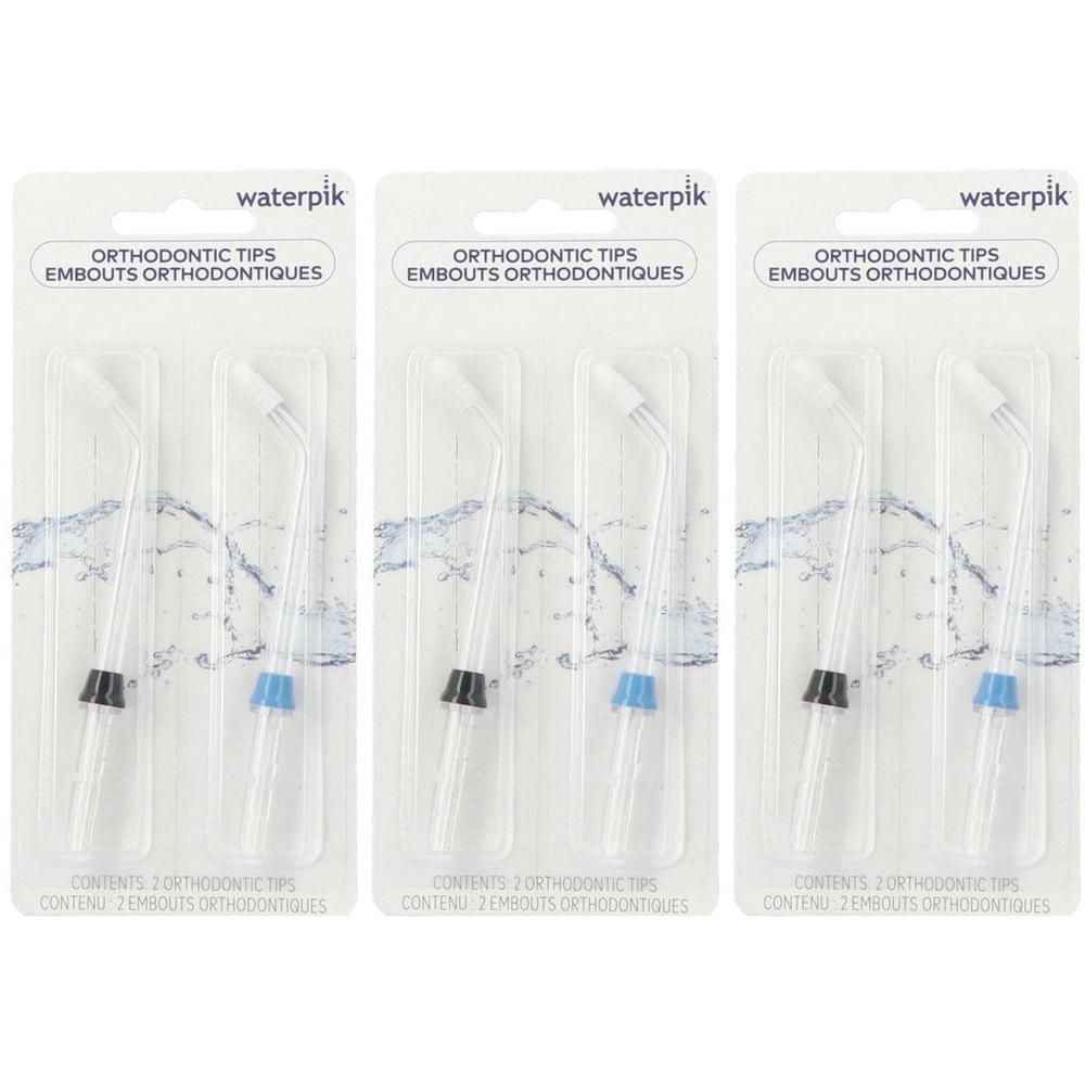 Trois paquets de 2 embouts orthodontiques Waterpik chacun. Emballés individuellement.