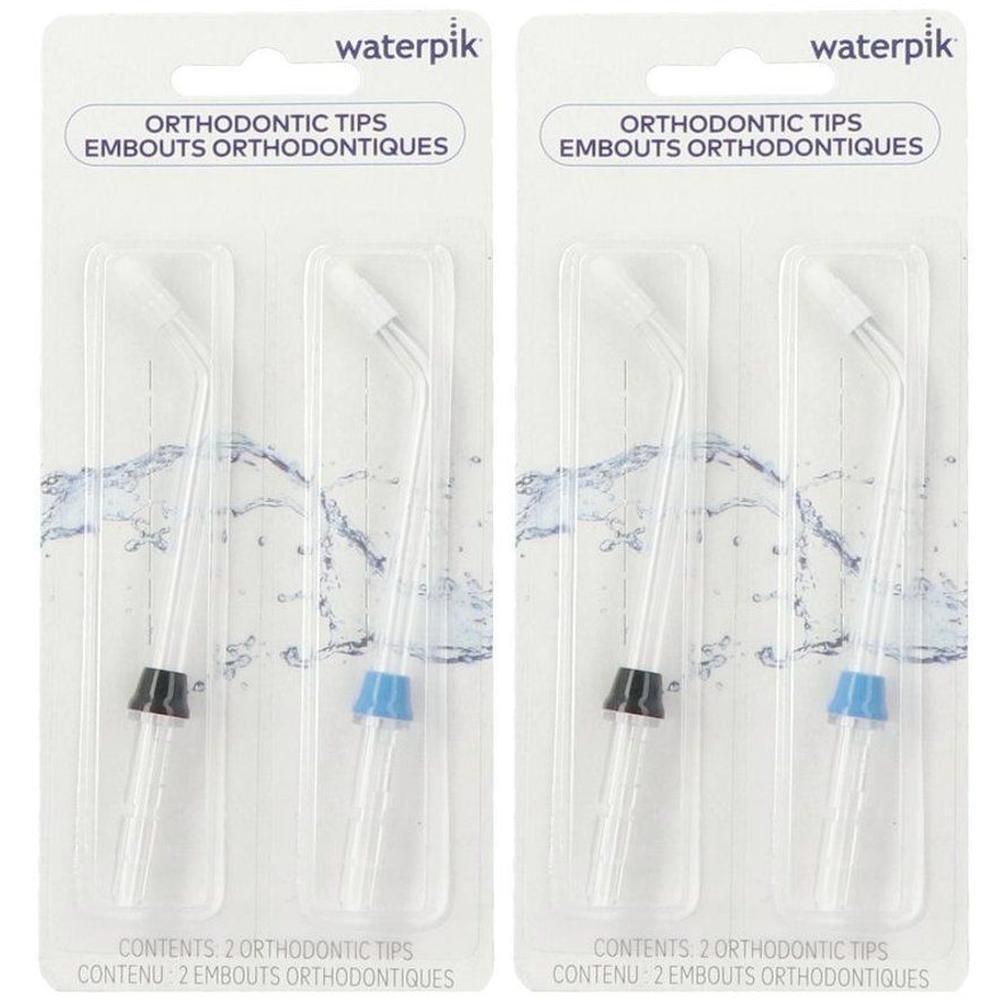 Twee Waterpik orthodontische tips met gekleurde markeringen (zwart, blauw) in blisterverpakking.