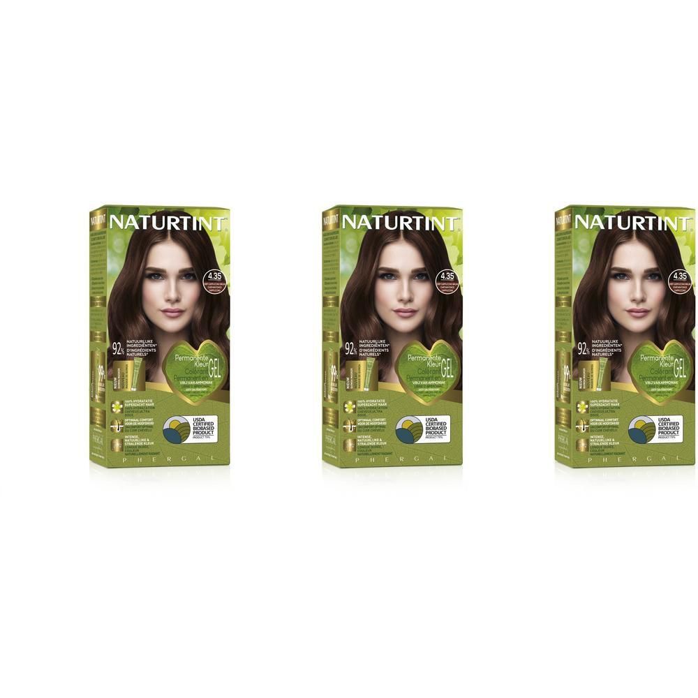 Drie pakken Naturtint Colorant Permanent 4.35 Châtain Foncé Cappuccino met vrouwenportret.