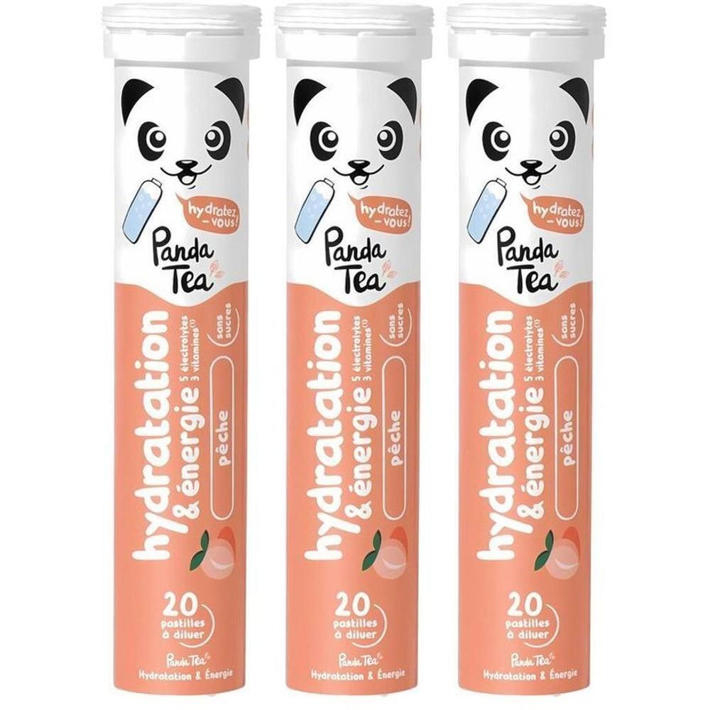 Trois tubes Panda Tea Hydratation Pêche, 20 comprimés effervescents par tube.