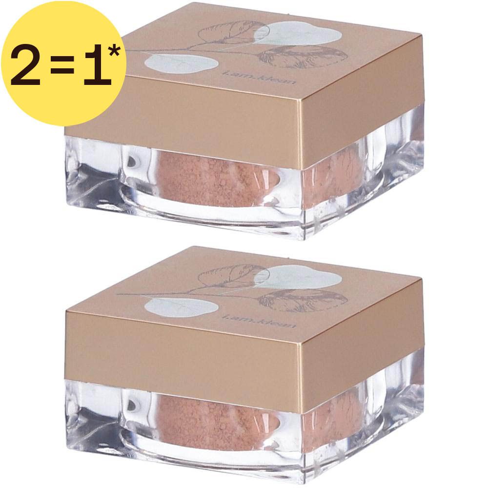 Twee potjes los mineraal oogschaduw in roségouden look met bladerenprint.