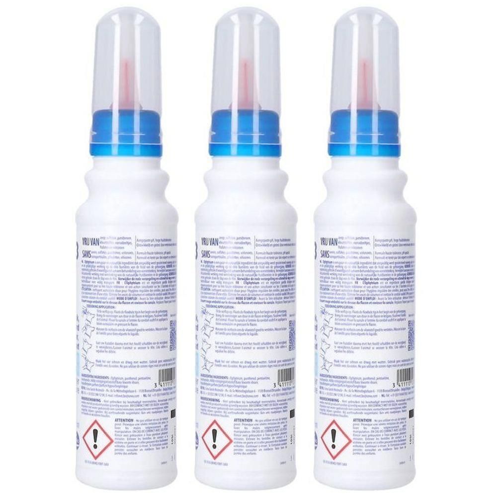 Drie witte flacons met blauwe doppen en rode applicatorpunten, achterkant met tekst en waarschuwingssymbolen.