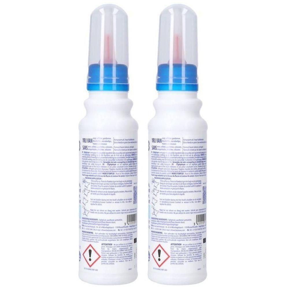 Twee witte flacons met blauwe doppen en transparante applicatorpunten.