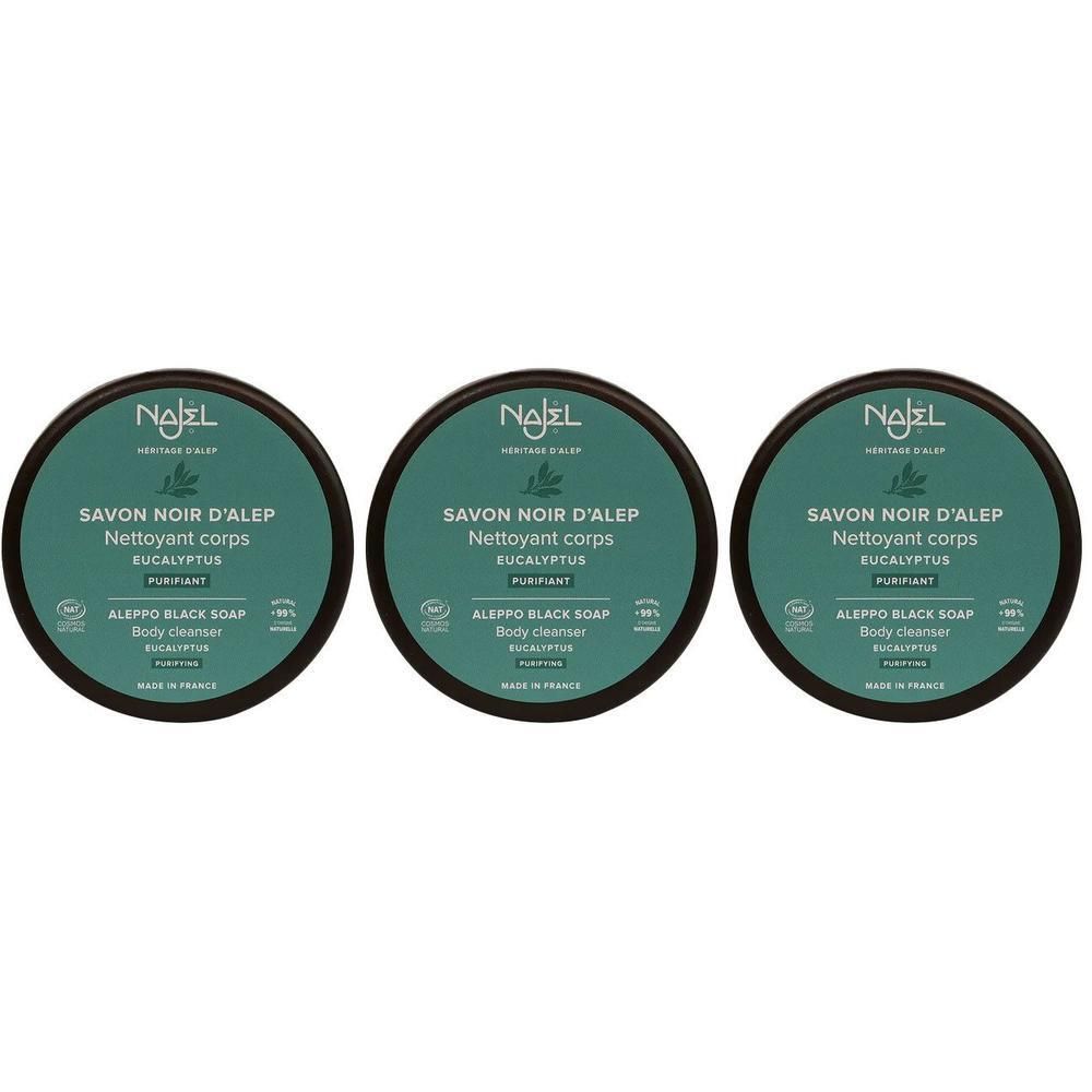 Trois savons noirs d'Alep Najel nettoyant corps à l'eucalyptus en pots ronds.