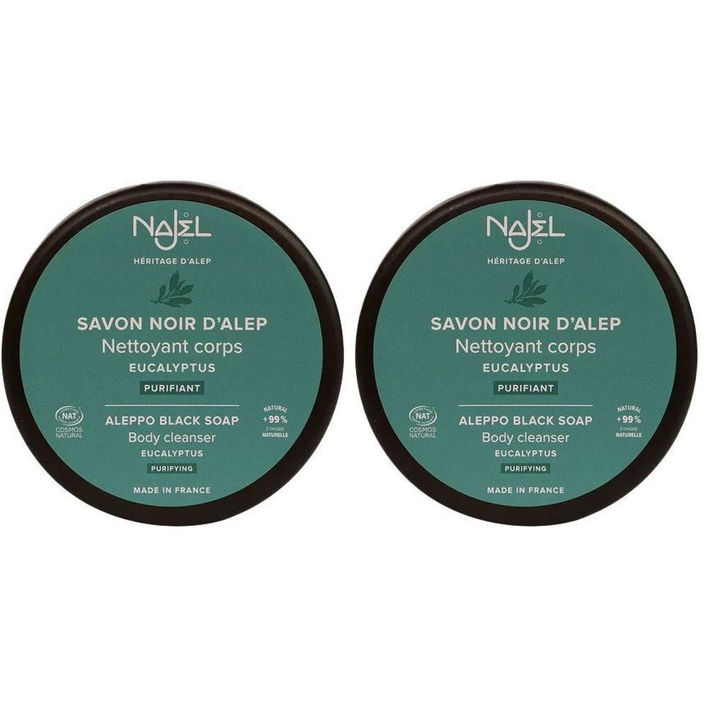 Deux Najel Savon Noir d'Alep Nettoyant corps à l'Eucalyptus. Savon noir, purifiant.