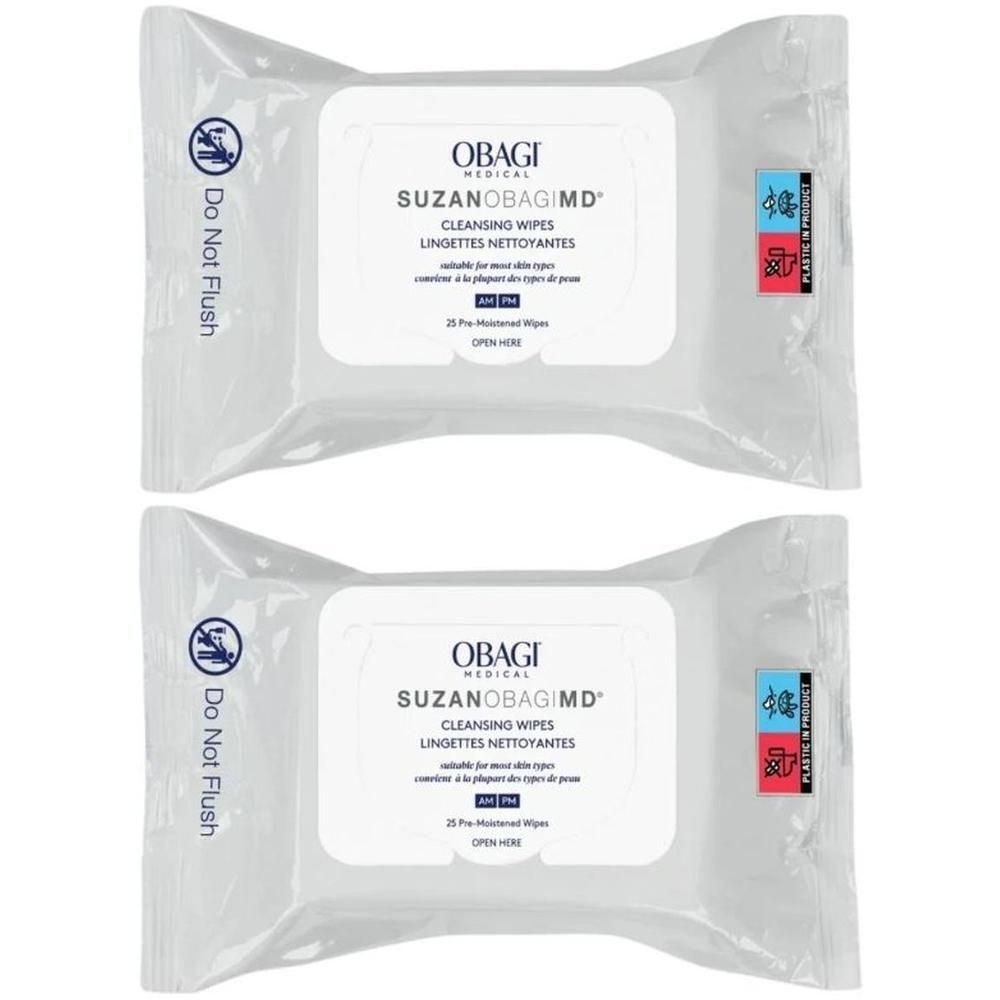 Deux paquets de lingettes nettoyantes Obagi SUZANOBAGIMD™. Chaque paquet contient 25 lingettes pré-emballées.