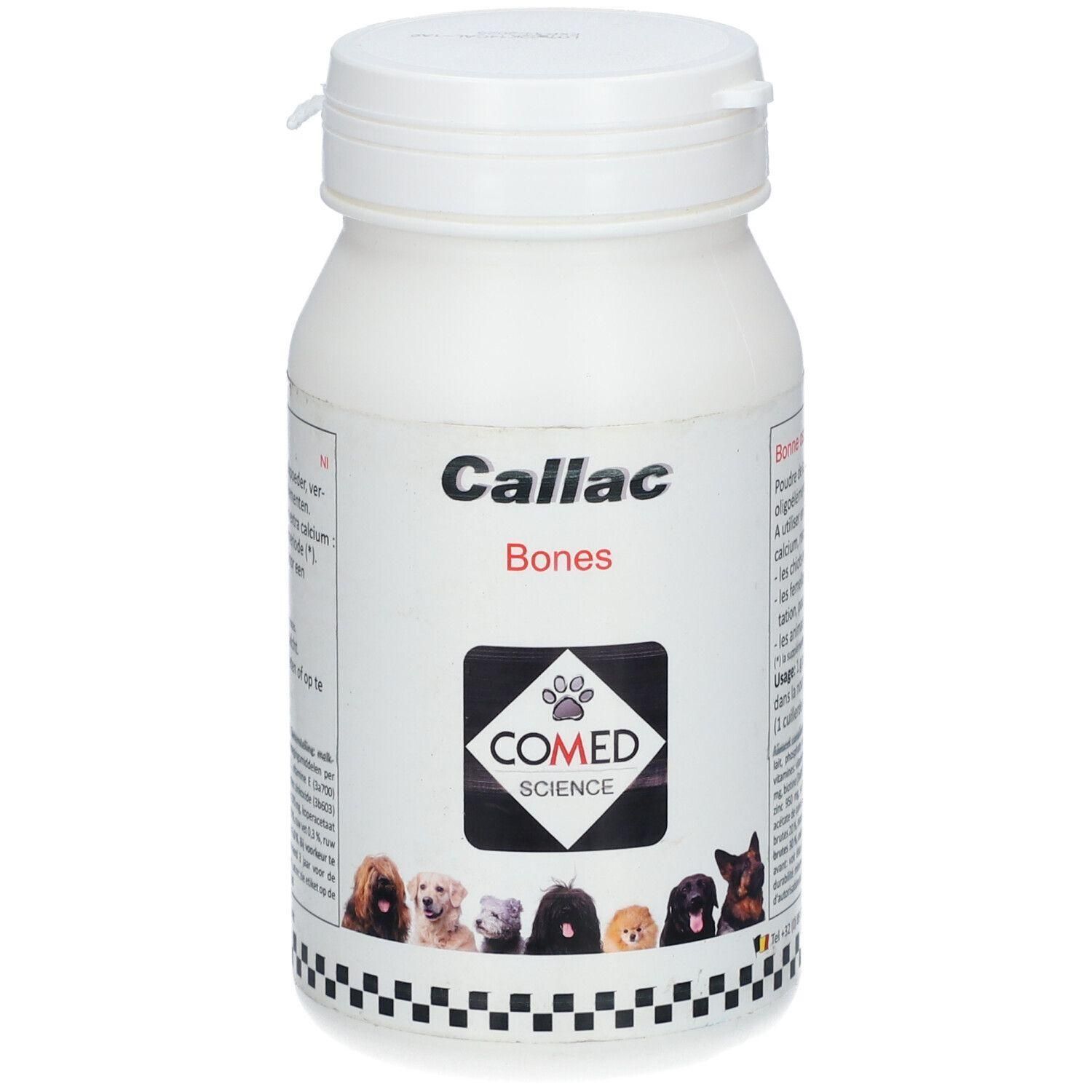 Witte pot met Callac Bones en hondenafbeeldingen. COMED SCIENCE logo.