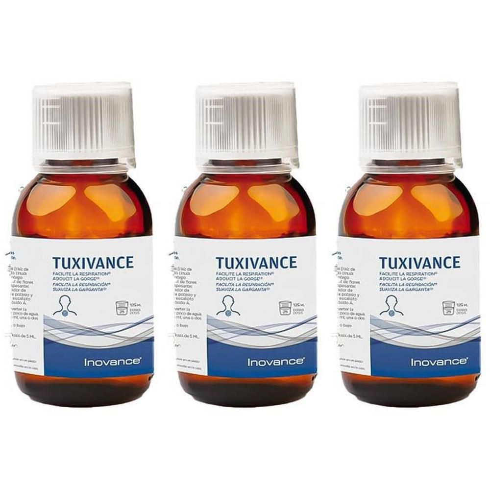 Drie amberkleurige flesjes met witte schroefdop, met het product Tuxivance van Inovance.