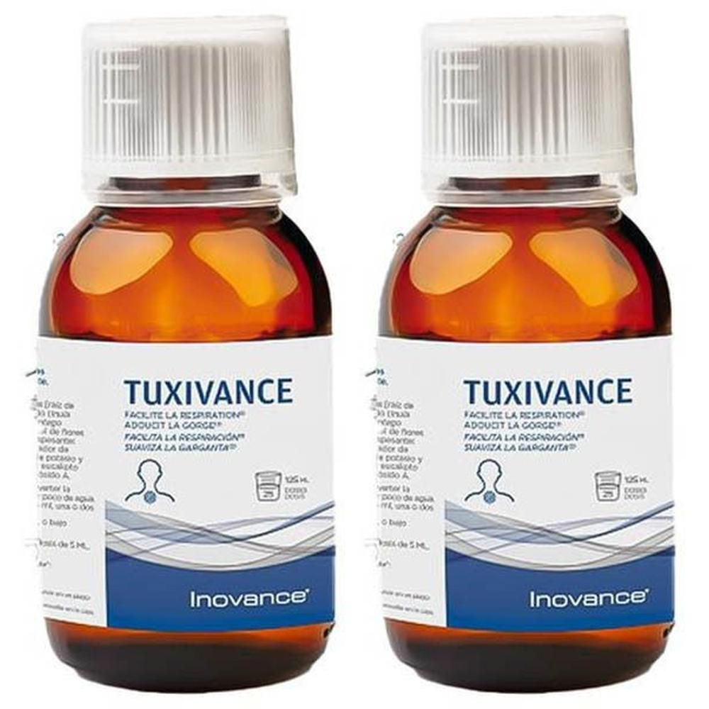 Deux flacons d'Inovance Tuxivance contenant un liquide ambré, avec bouchons blancs. Étiquettes avec informations produit.