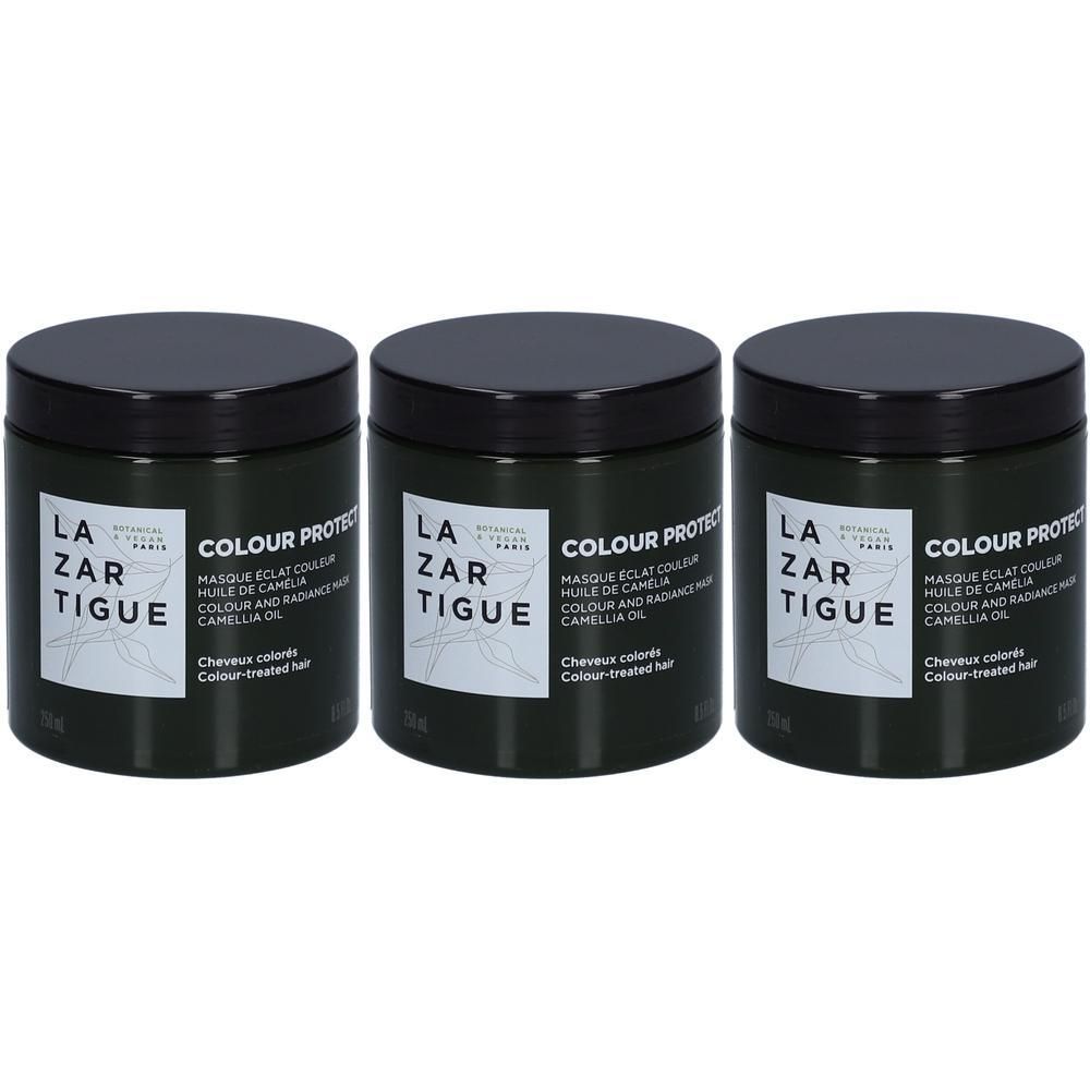 Trois masques Lazartigue Colour Protect dans des pots foncés avec couvercles noirs.
