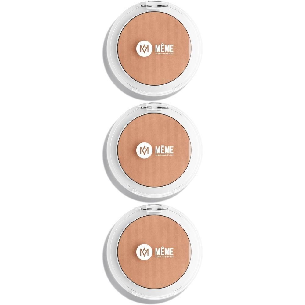 Trois poudres bronzantes dans des boîtiers ronds avec couvercle transparent.